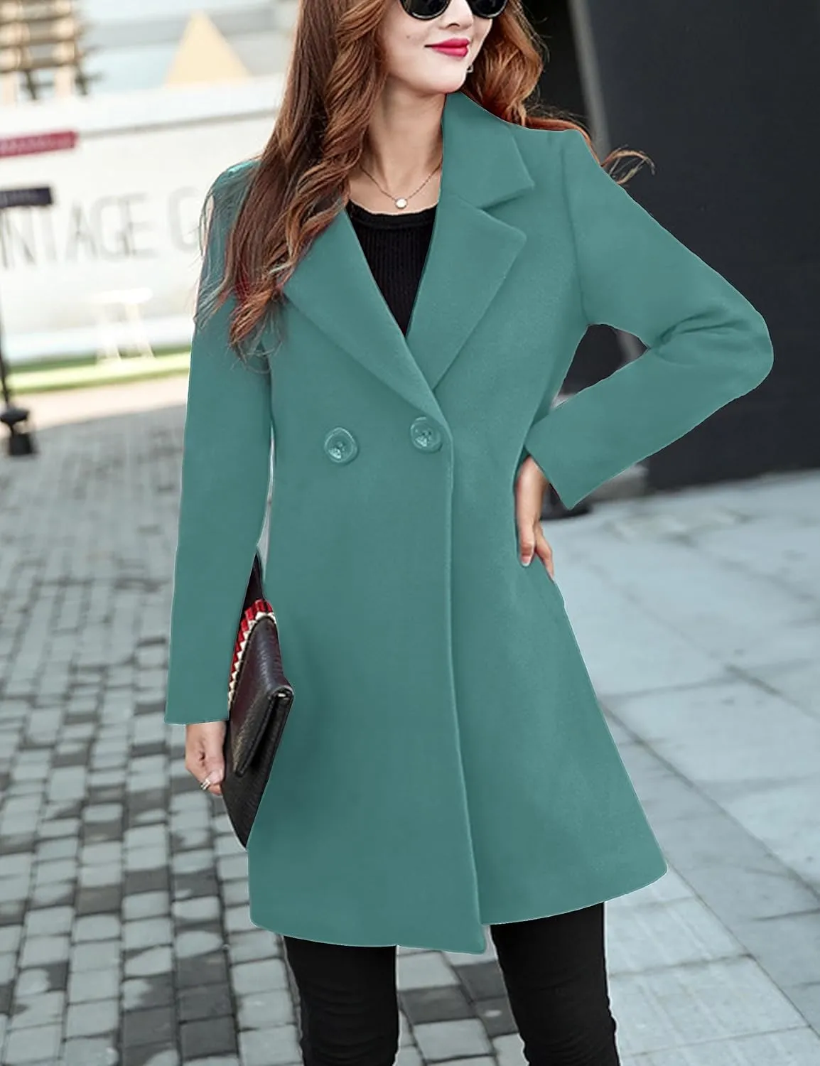 Omoone Women's Long Sleeve Slim Fit Warm Winter Wool Blend Pea Coat Overcoat