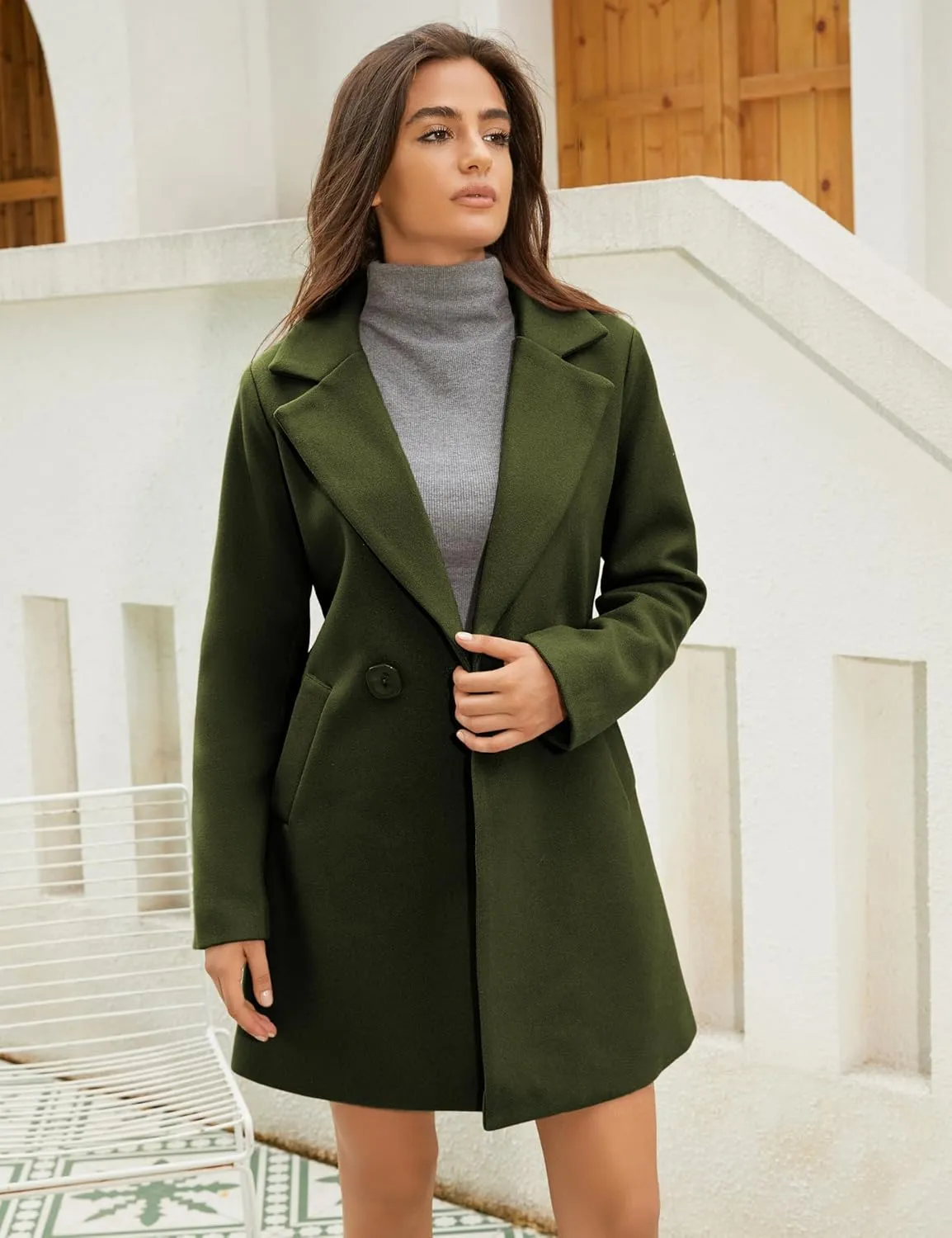 Omoone Women's Long Sleeve Slim Fit Warm Winter Wool Blend Pea Coat Overcoat