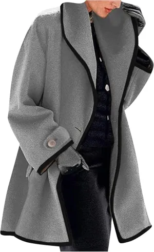 OMZIN Women's Elegant Business Pea Coat Autumn Loose Fitted Hooded Jacket Casual Plain Color Trench Coat