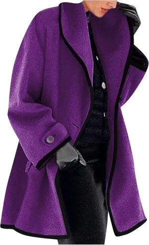 OMZIN Women's Elegant Business Pea Coat Autumn Loose Fitted Hooded Jacket Casual Plain Color Trench Coat