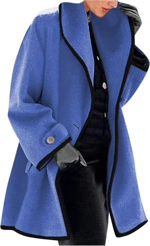 OMZIN Women's Elegant Business Pea Coat Autumn Loose Fitted Hooded Jacket Casual Plain Color Trench Coat