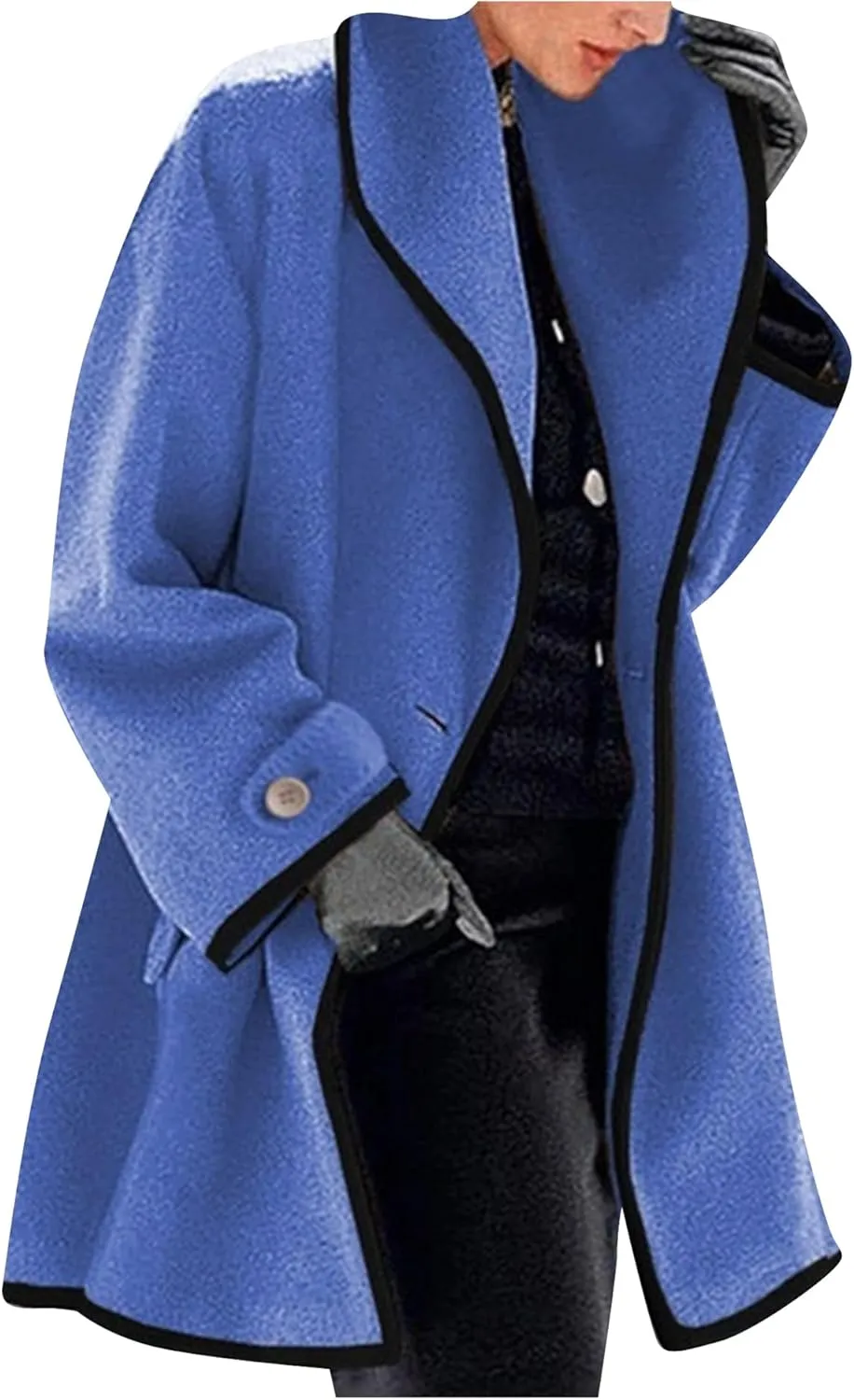 OMZIN Women's Elegant Business Pea Coat Autumn Loose Fitted Hooded Jacket Casual Plain Color Trench Coat