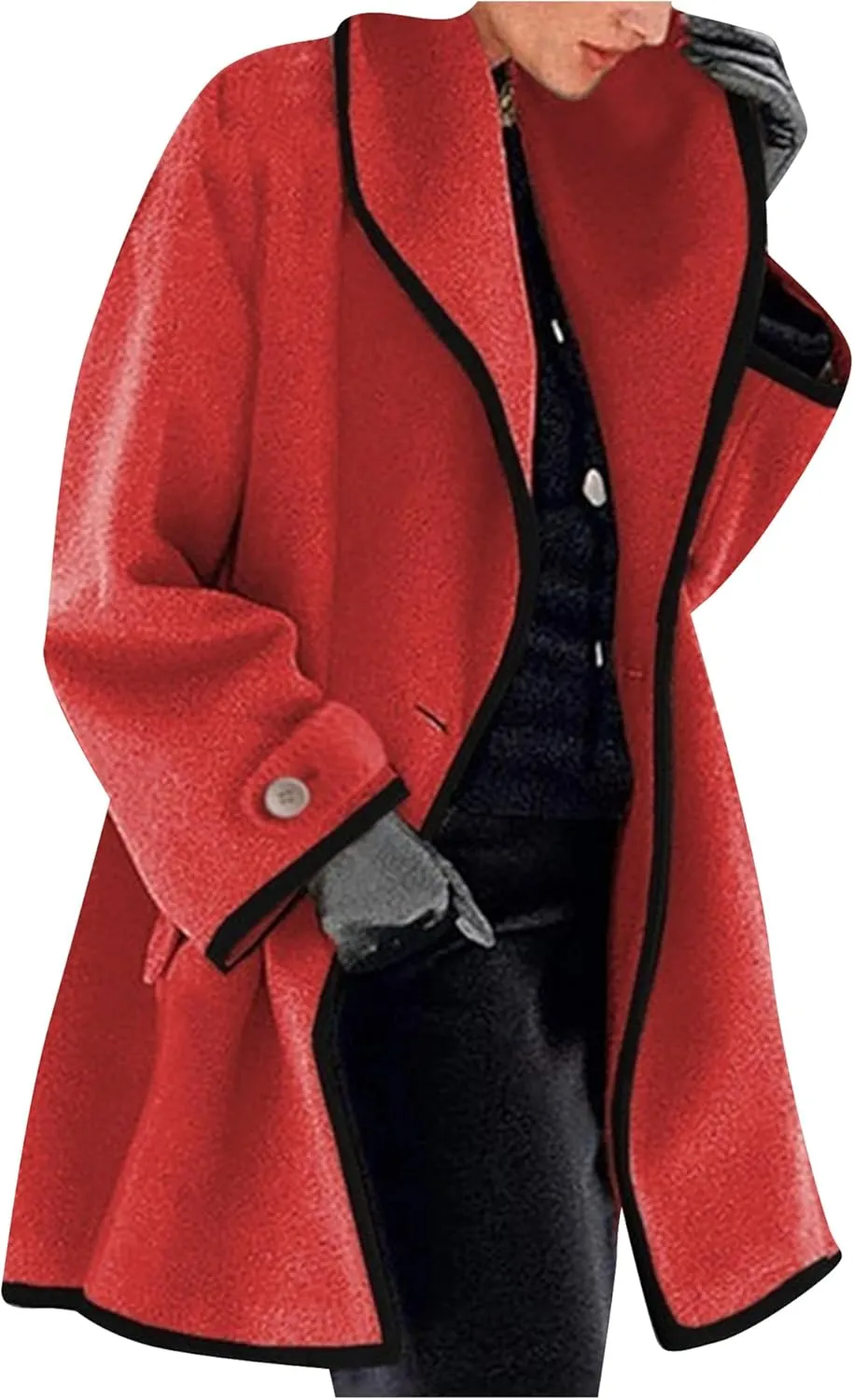OMZIN Women's Elegant Business Pea Coat Autumn Loose Fitted Hooded Jacket Casual Plain Color Trench Coat