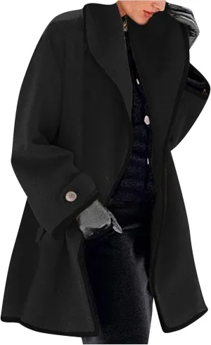 OMZIN Women's Elegant Business Pea Coat Autumn Loose Fitted Hooded Jacket Casual Plain Color Trench Coat