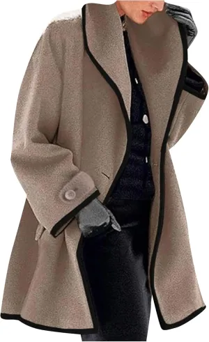 OMZIN Women's Elegant Business Pea Coat Autumn Loose Fitted Hooded Jacket Casual Plain Color Trench Coat