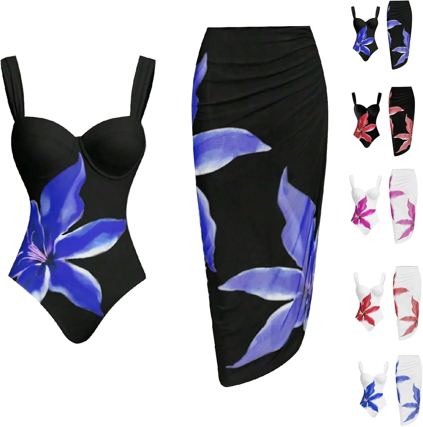 One Piece Bathing Suits for Women Floral Printed Push Up Swimsuit with Coverups Wrap Skirt 2 Piece Swimwear