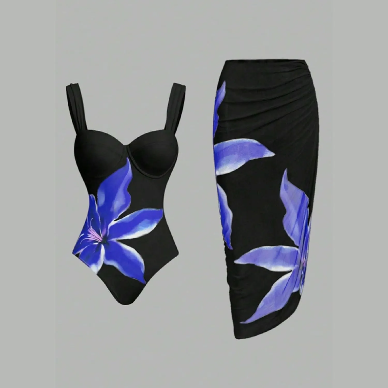 One Piece Bathing Suits for Women Floral Printed Push Up Swimsuit with Coverups Wrap Skirt 2 Piece Swimwear