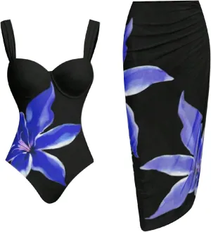 One Piece Bathing Suits for Women Floral Printed Push Up Swimsuit with Coverups Wrap Skirt 2 Piece Swimwear