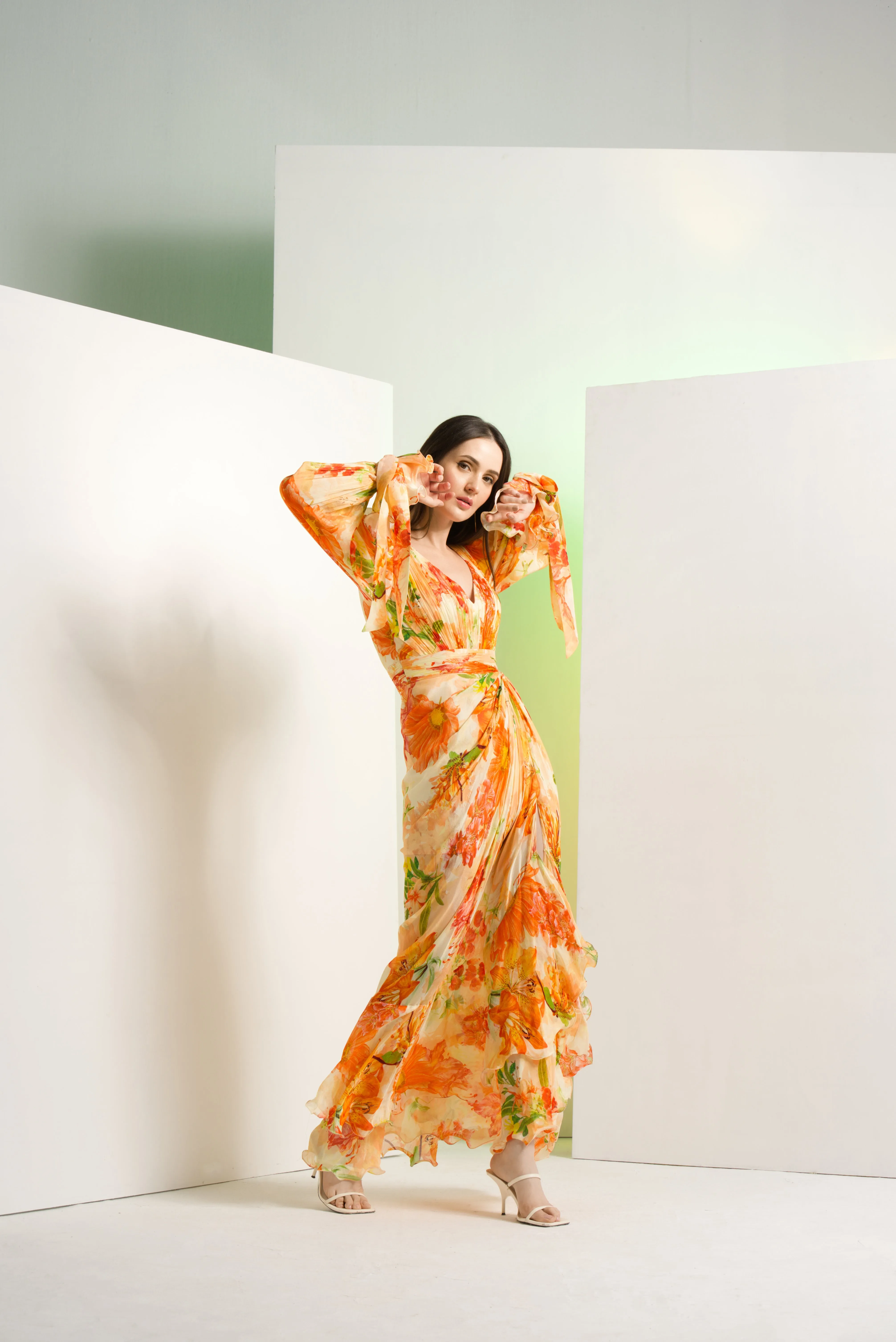 Orange lilium chffon dress with waist buckle details