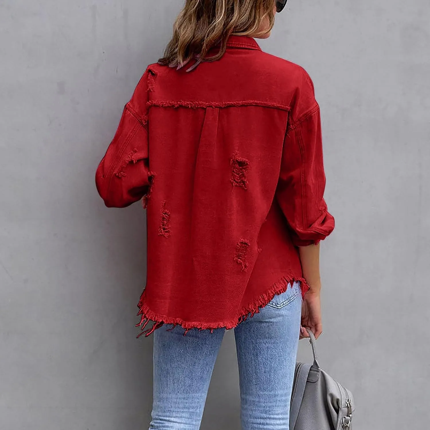 Oversized Denim Jacket Women Jean Jackets Trendy Button Up Long Sleeve Denim Shirt Jean Shacket Coat with Pockets