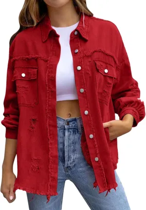Oversized Denim Jacket Women Jean Jackets Trendy Button Up Long Sleeve Denim Shirt Jean Shacket Coat with Pockets
