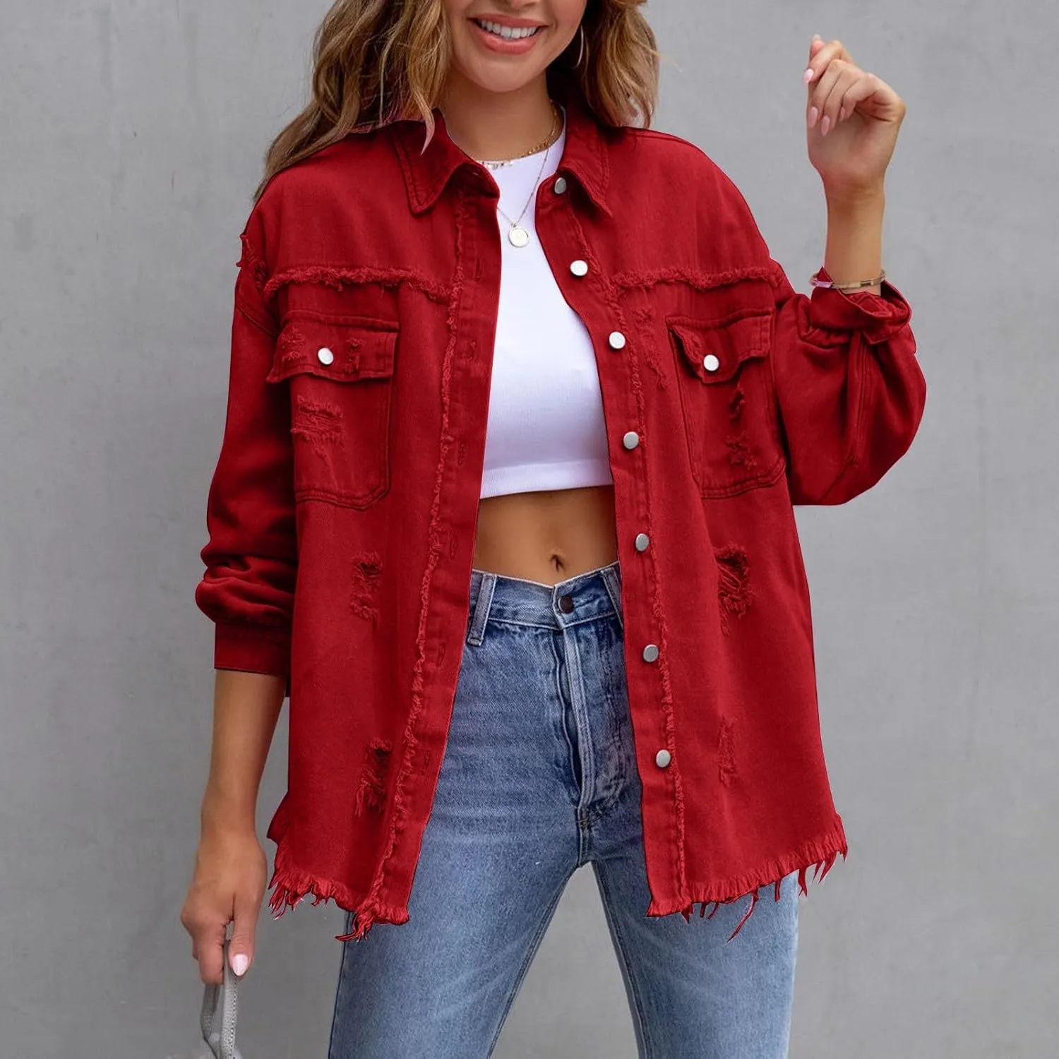 Oversized Denim Jacket Women Jean Jackets Trendy Button Up Long Sleeve Denim Shirt Jean Shacket Coat with Pockets