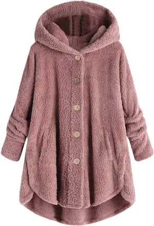 Oversized Sherpa Sweatshirt Fuzzy Fleece Soft Warm Pullover Sweater Button Hoodie Pocket Plush Coat