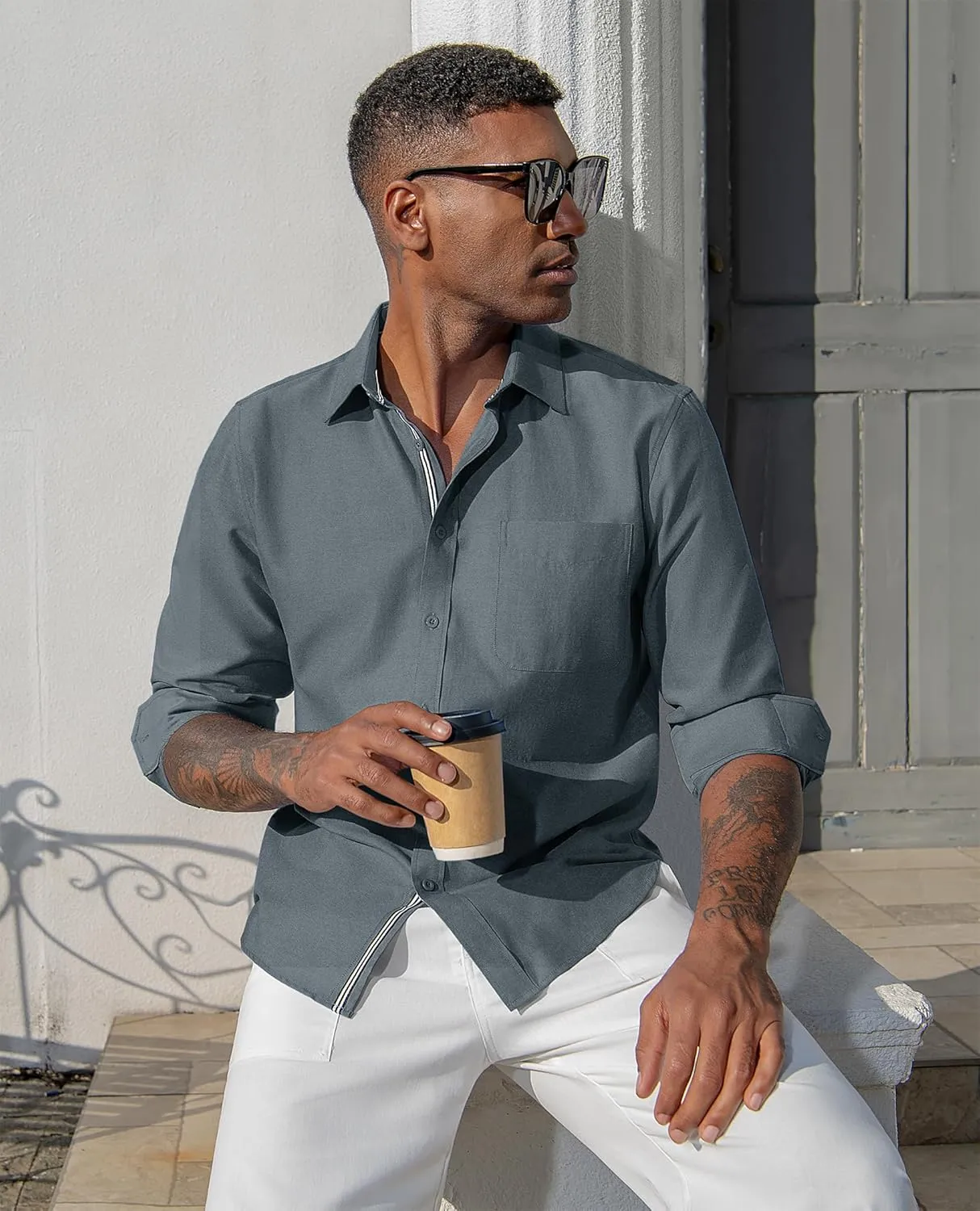 Oxford Dress Shirts for Men Long Sleeve Oxford Casual Dress Button Down Shirts Contrast Button Shirts with Pocket