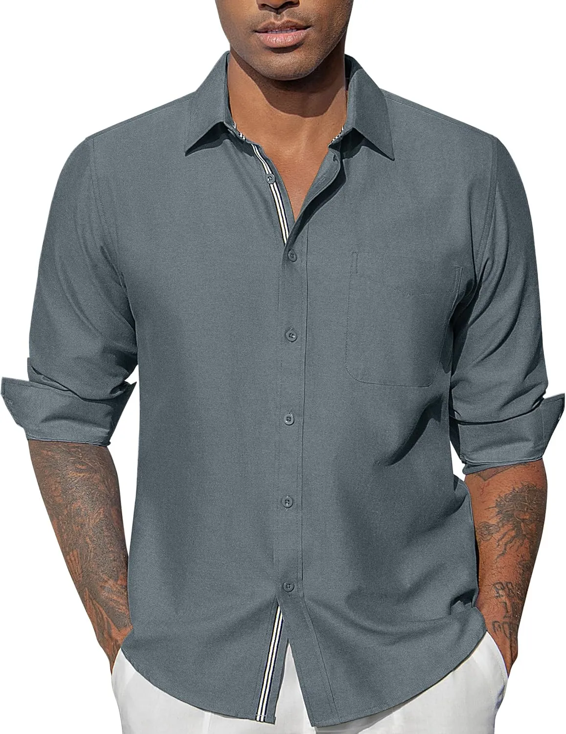 Oxford Dress Shirts for Men Long Sleeve Oxford Casual Dress Button Down Shirts Contrast Button Shirts with Pocket