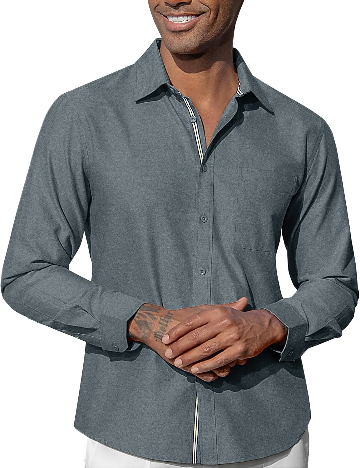 Oxford Dress Shirts for Men Long Sleeve Oxford Casual Dress Button Down Shirts Contrast Button Shirts with Pocket