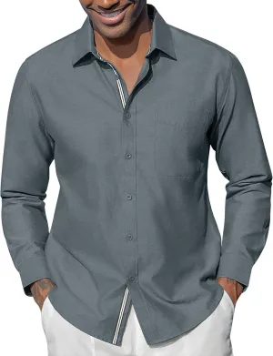 Oxford Dress Shirts for Men Long Sleeve Oxford Casual Dress Button Down Shirts Contrast Button Shirts with Pocket