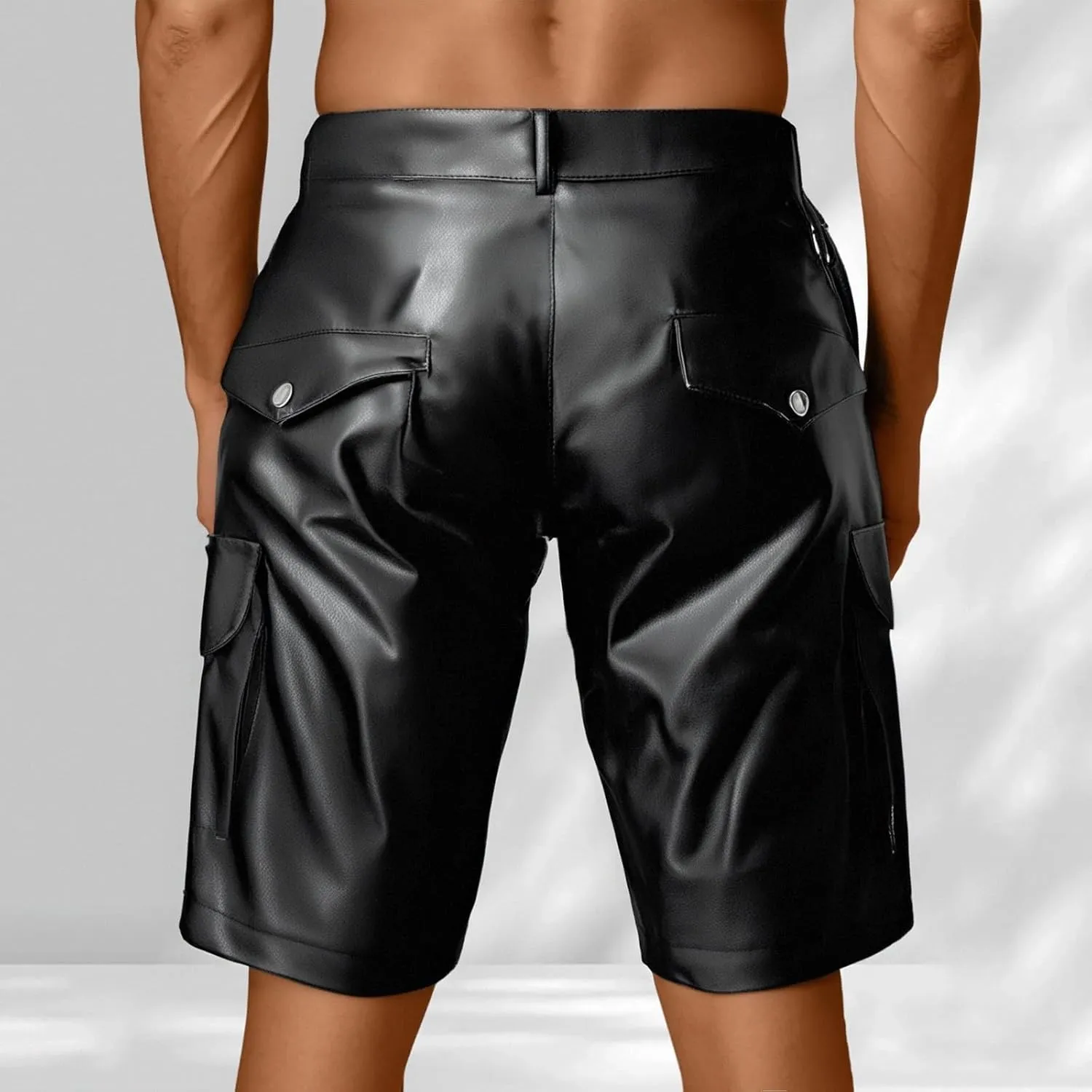 Patent Faux Leather Shorts for Men Outdoor Hiking Front Button Cargo Shorts Stretch Loose-Fit Short with Multi Pockets