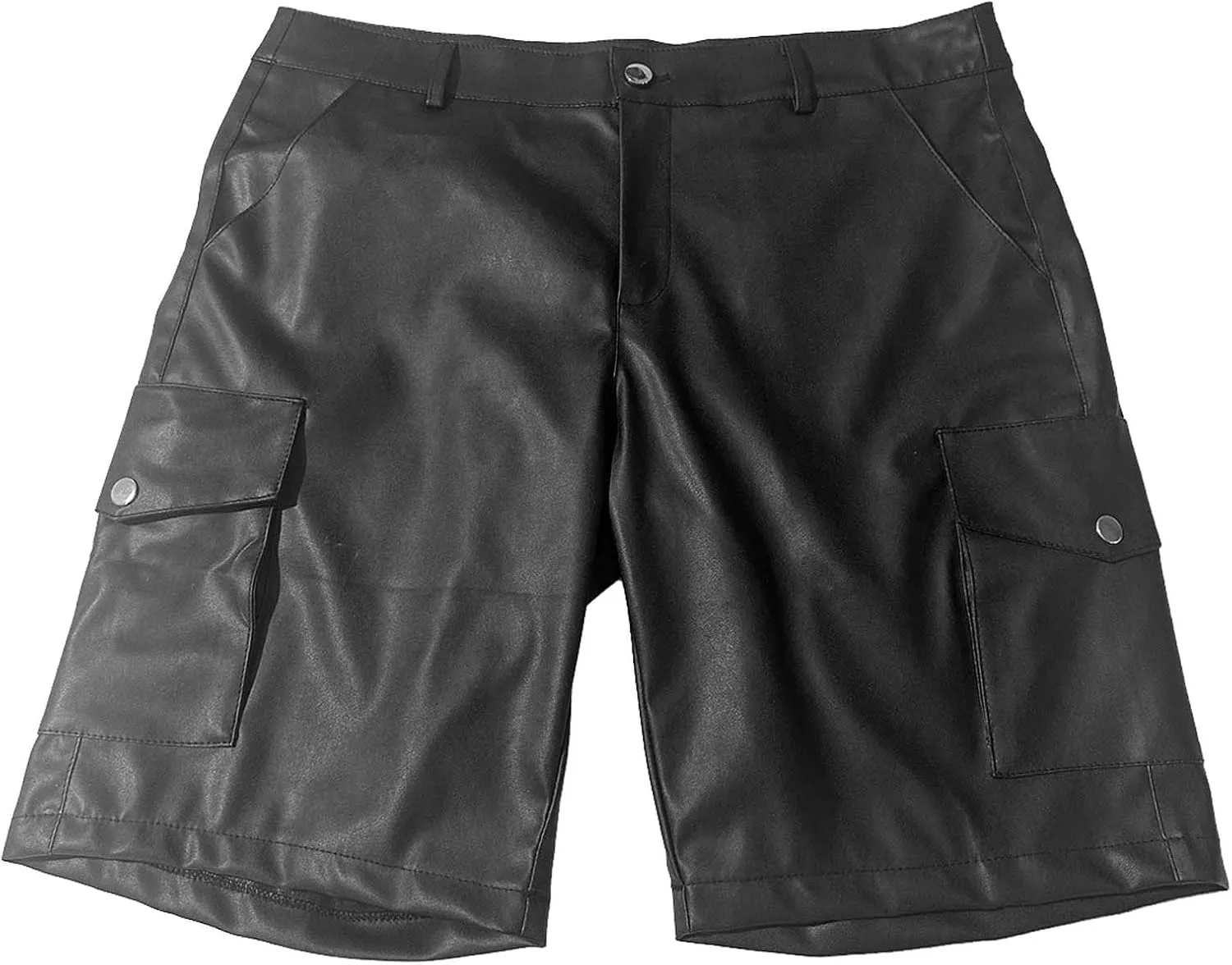 Patent Faux Leather Shorts for Men Outdoor Hiking Front Button Cargo Shorts Stretch Loose-Fit Short with Multi Pockets