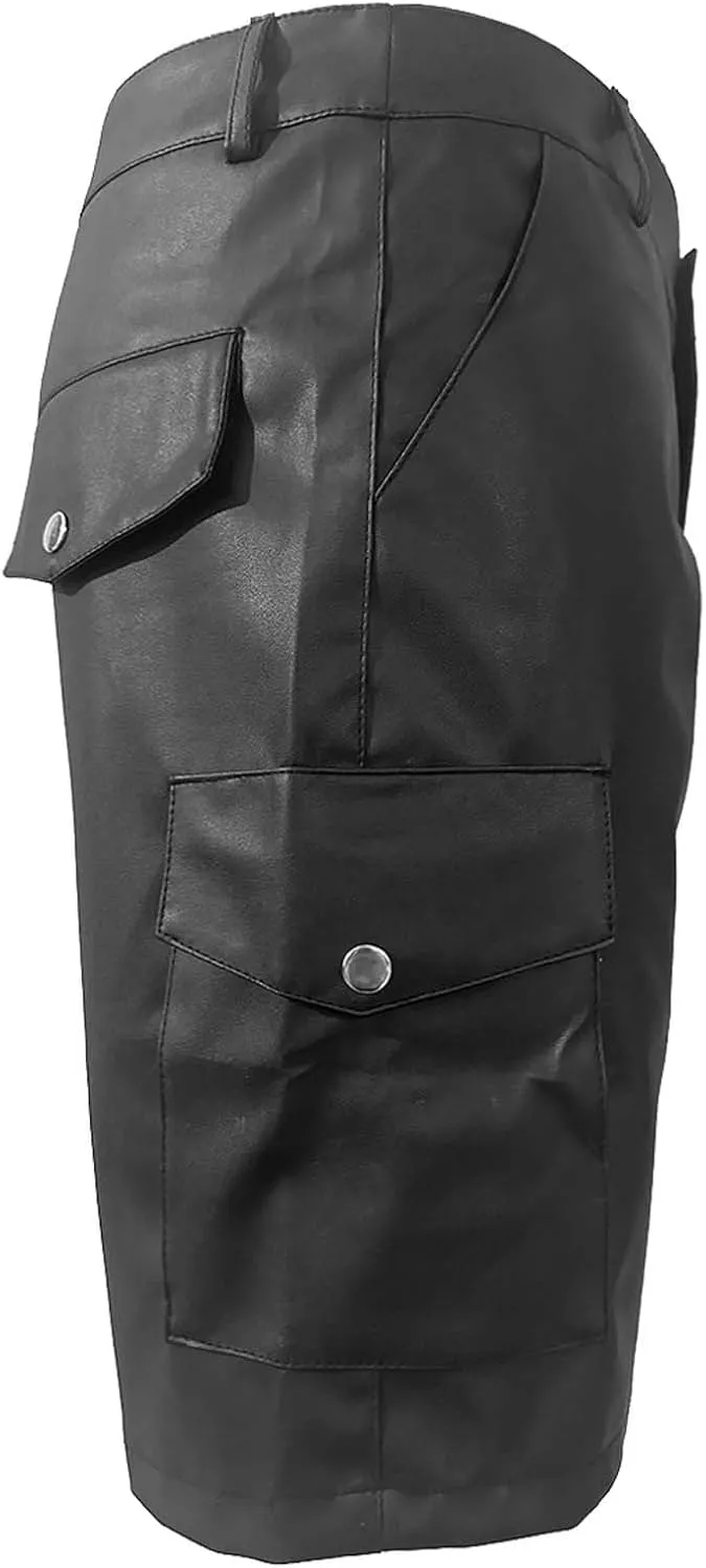 Patent Faux Leather Shorts for Men Outdoor Hiking Front Button Cargo Shorts Stretch Loose-Fit Short with Multi Pockets