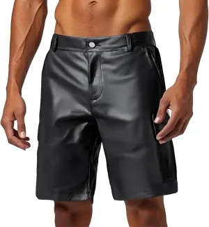 Patent Faux Leather Shorts for Men Outdoor Hiking Front Button Cargo Shorts Stretch Loose-Fit Short with Multi Pockets