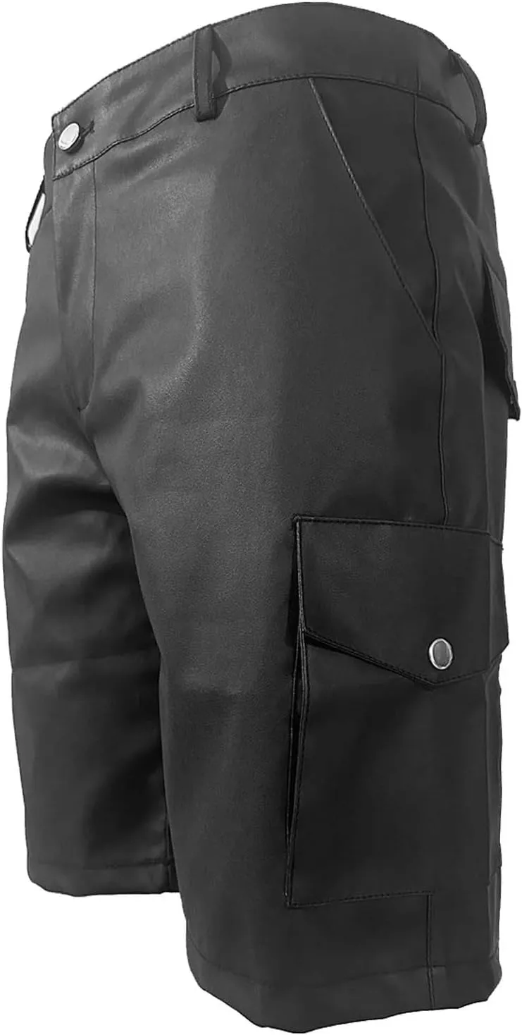 Patent Faux Leather Shorts for Men Outdoor Hiking Front Button Cargo Shorts Stretch Loose-Fit Short with Multi Pockets