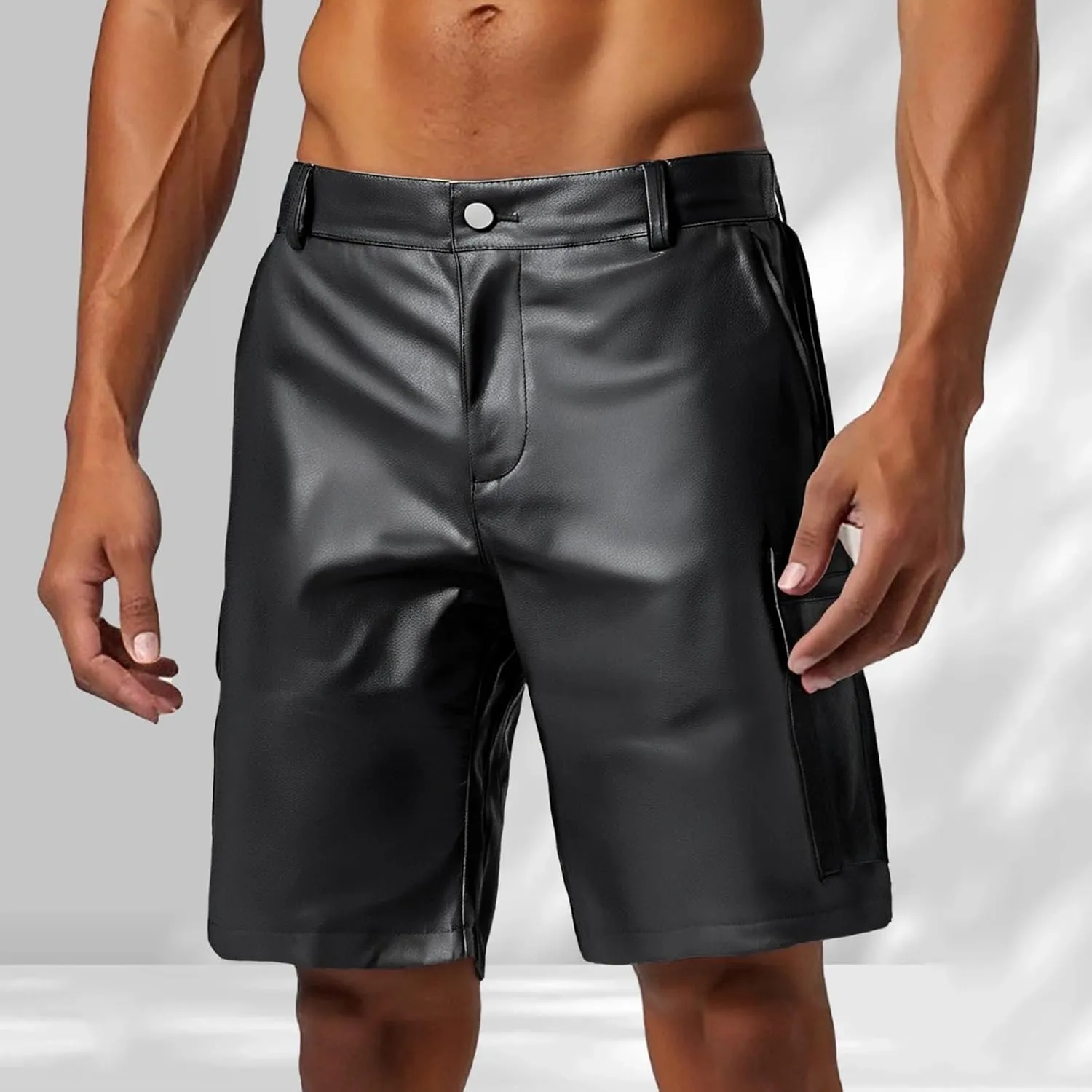 Patent Faux Leather Shorts for Men Outdoor Hiking Front Button Cargo Shorts Stretch Loose-Fit Short with Multi Pockets