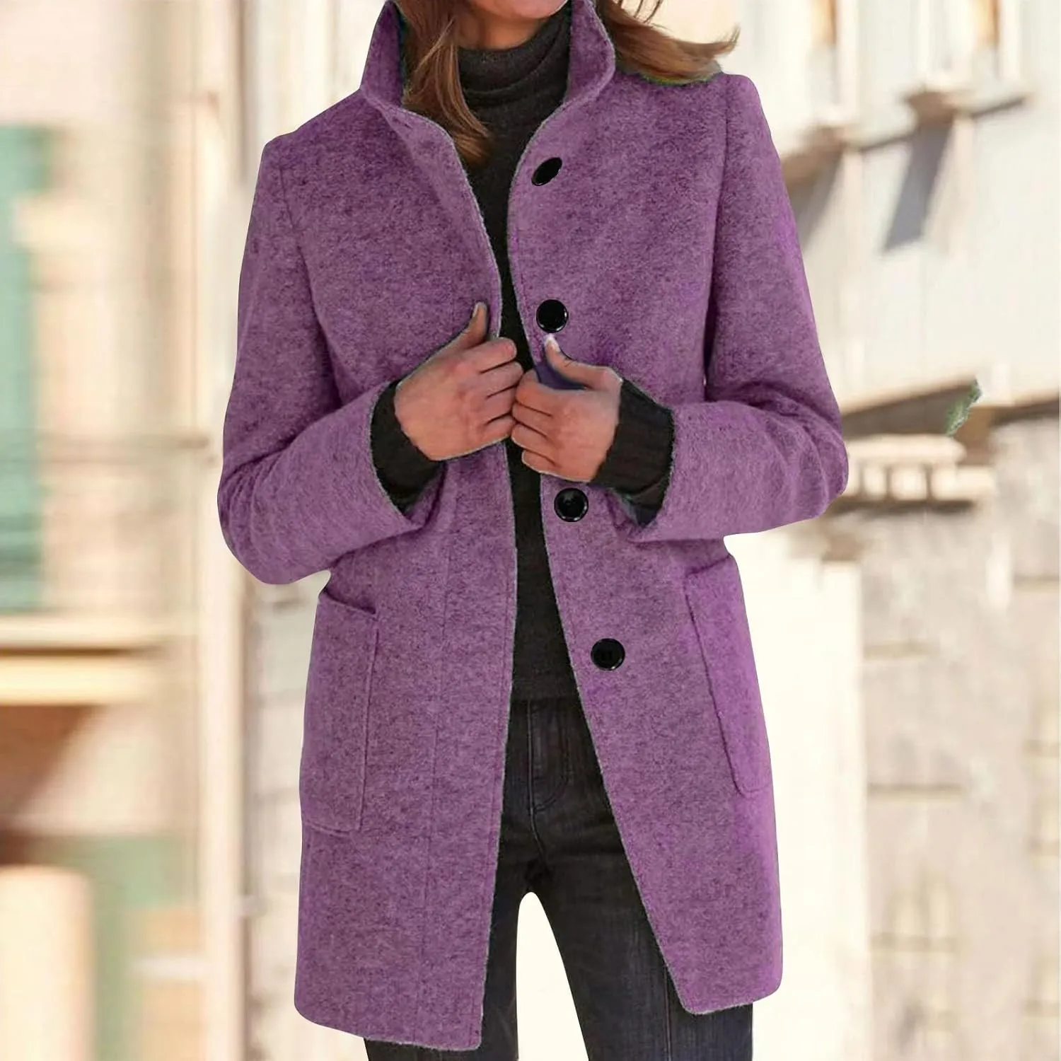 Pea Coats for Women Women Winter Long Wool Blend Peacoat Stand Collar Single Breast Thicken Blazer Jacket