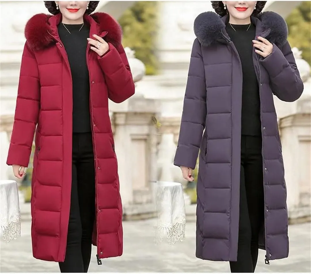 Pegsmio Korean Mother's Winter Women Long Down Cotton Jacket Loose Padded Coat Hooded Thicken Parkas