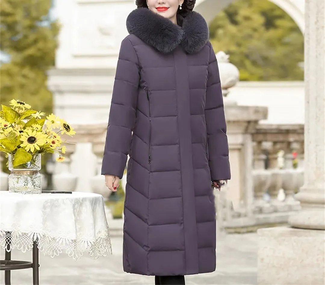 Pegsmio Korean Mother's Winter Women Long Down Cotton Jacket Loose Padded Coat Hooded Thicken Parkas