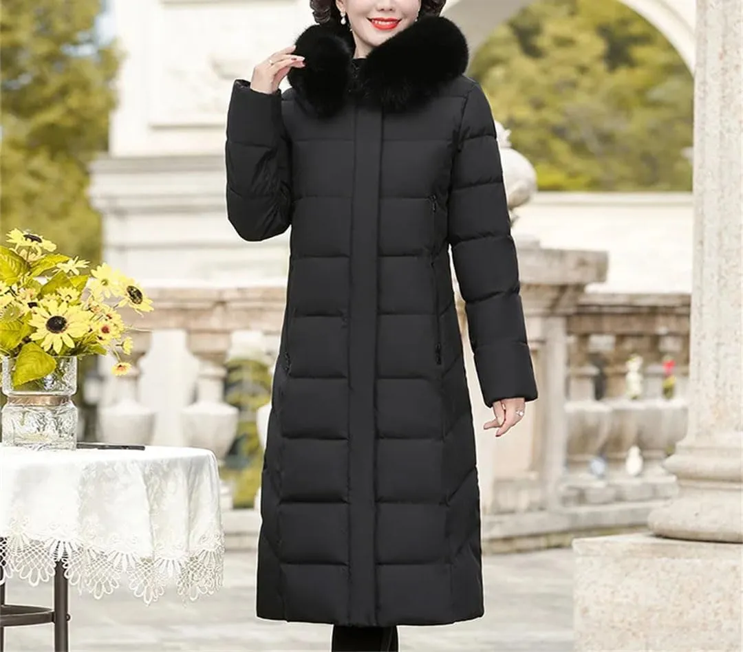 Pegsmio Korean Mother's Winter Women Long Down Cotton Jacket Loose Padded Coat Hooded Thicken Parkas