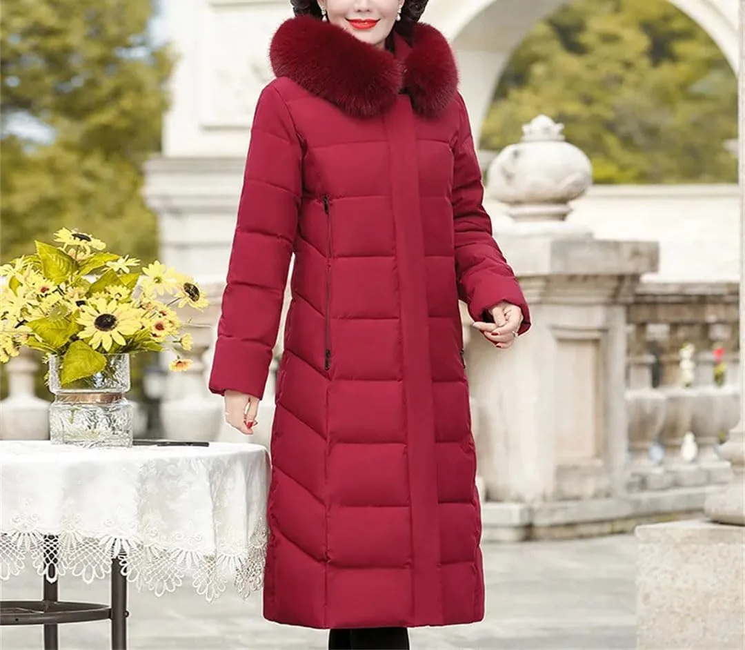 Pegsmio Korean Mother's Winter Women Long Down Cotton Jacket Loose Padded Coat Hooded Thicken Parkas