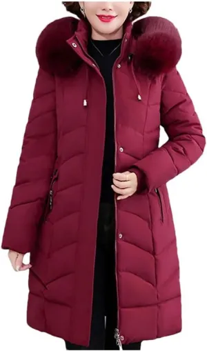 Pegsmio Women Winter Jackets Thick Warm Middle Aged Coats Cotton Padded Long Hooded Parkas