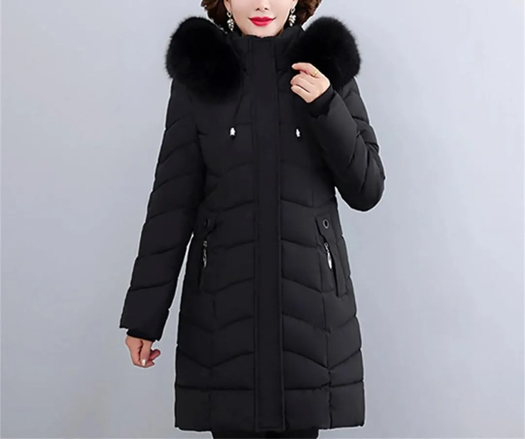 Pegsmio Women Winter Jackets Thick Warm Middle Aged Coats Cotton Padded Long Hooded Parkas
