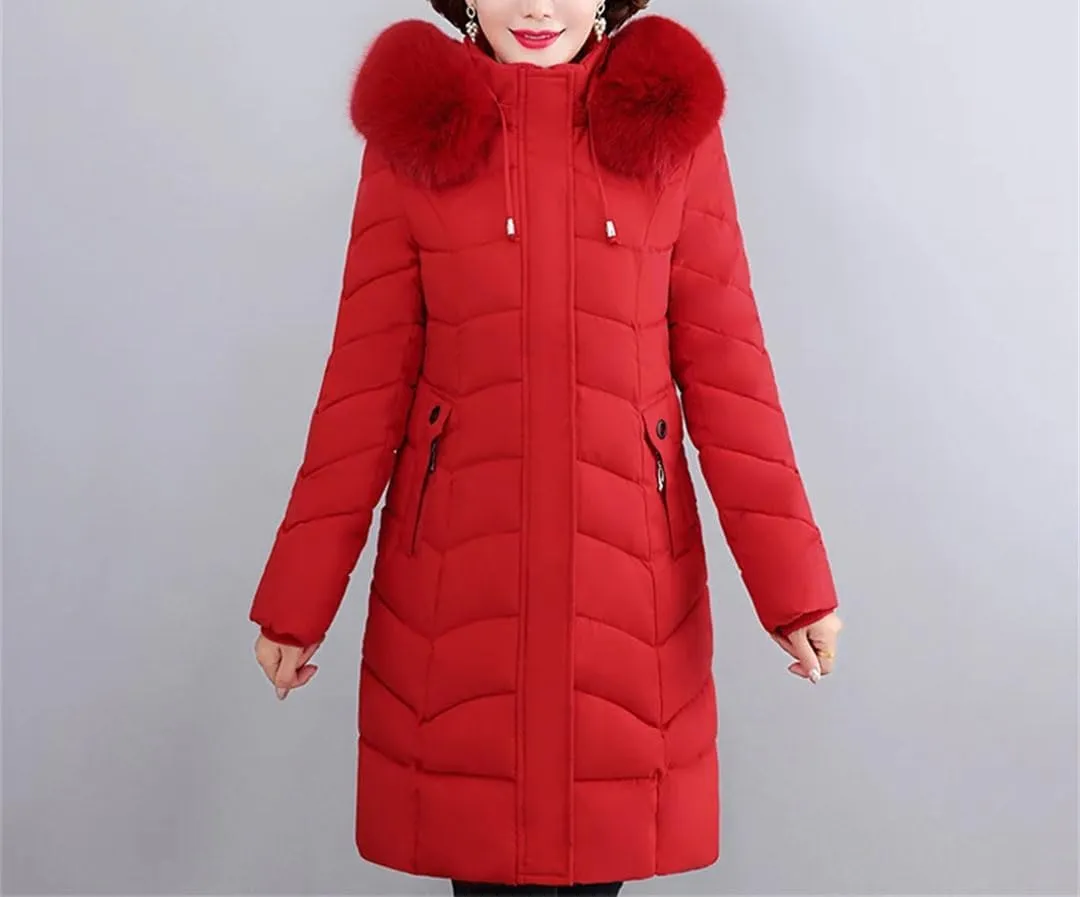 Pegsmio Women Winter Jackets Thick Warm Middle Aged Coats Cotton Padded Long Hooded Parkas