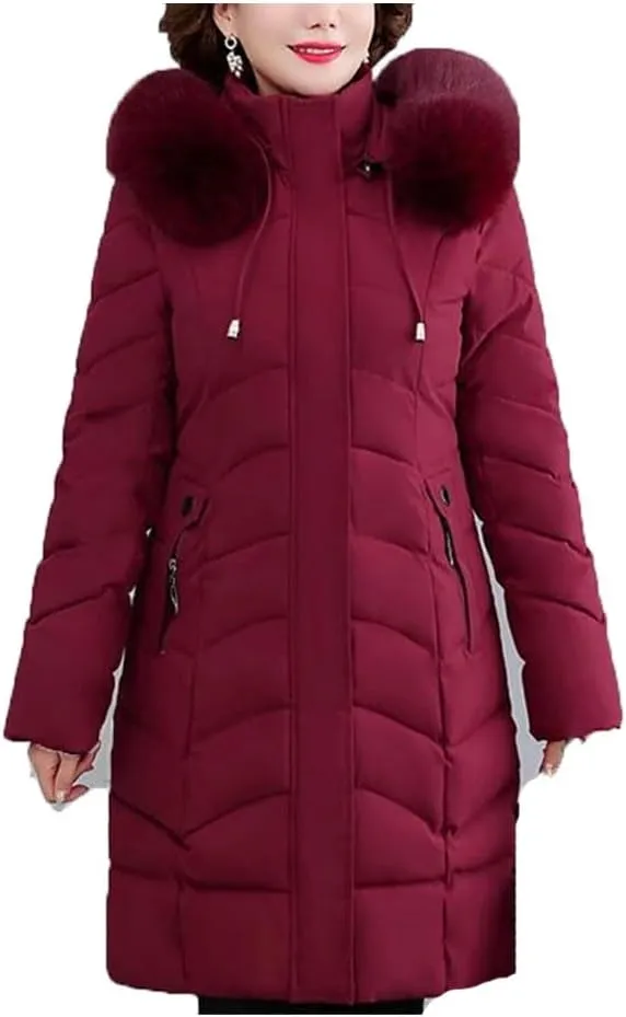 Pegsmio Women Winter Jackets Thick Warm Middle Aged Coats Cotton Padded Long Hooded Parkas