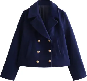 Perbai Women's Cropped Trench Coat Double Breasted Notched Lapel Peacoats Wool Blend Jacket with Pockets
