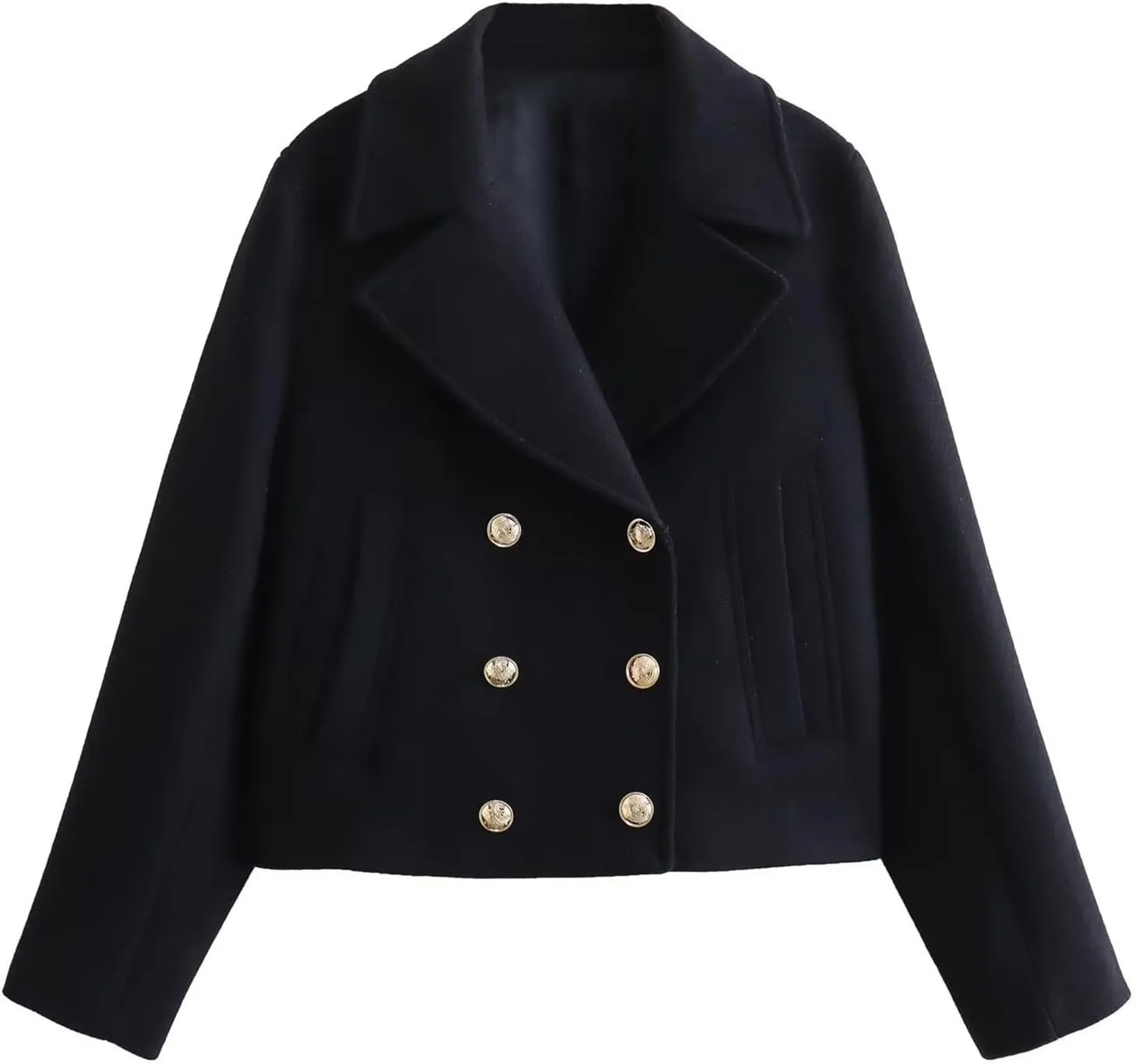 Perbai Women's Cropped Trench Coat Double Breasted Notched Lapel Peacoats Wool Blend Jacket with Pockets