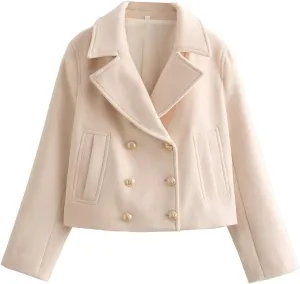 Perbai Women's Cropped Trench Coat Double Breasted Notched Lapel Peacoats Wool Blend Jacket with Pockets