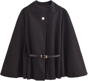 Perbai Women's Elegant Batwing Oversized Wool Blend Poncho Jacket Belted Winter Wrap Cloak Overcoat