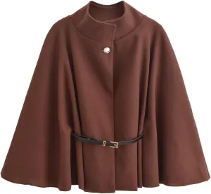 Perbai Women's Elegant Batwing Oversized Wool Blend Poncho Jacket Belted Winter Wrap Cloak Overcoat