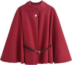 Perbai Women's Elegant Batwing Oversized Wool Blend Poncho Jacket Belted Winter Wrap Cloak Overcoat