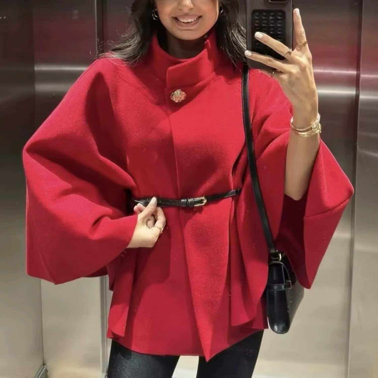 Perbai Women's Elegant Batwing Oversized Wool Blend Poncho Jacket Belted Winter Wrap Cloak Overcoat