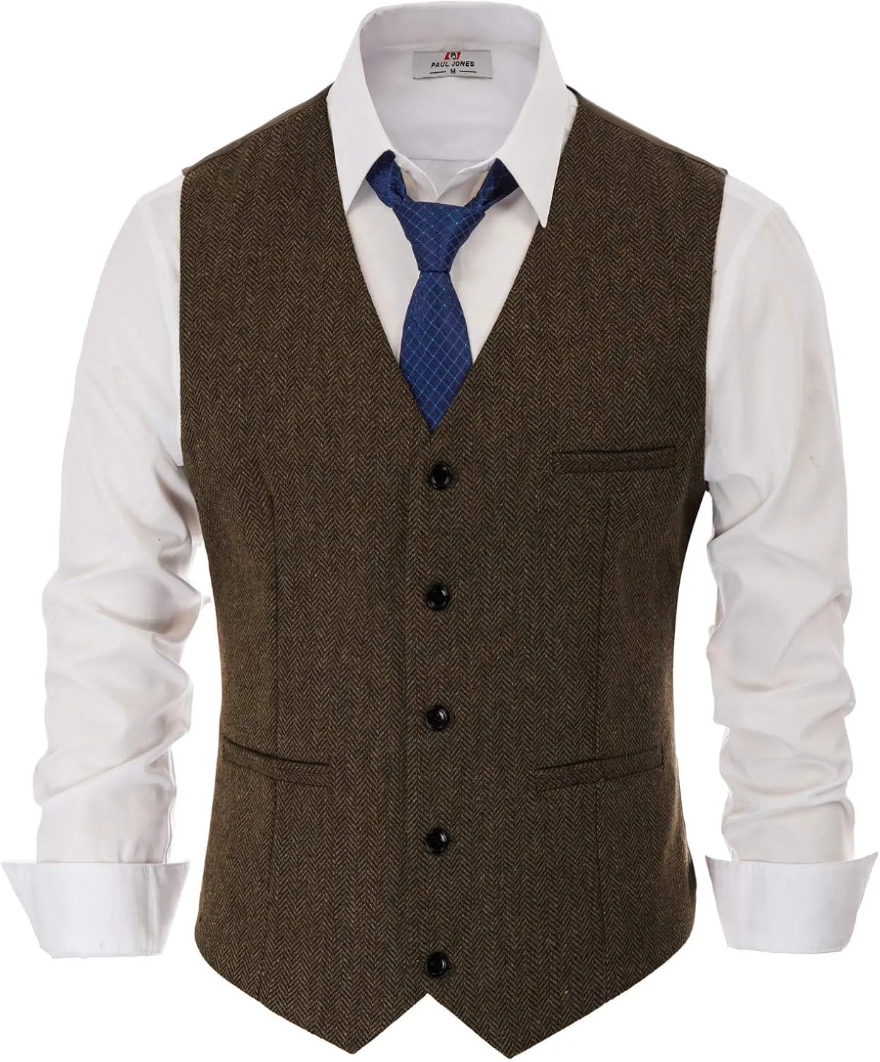 PJ PAUL JONES Men's Herringbone Tweed Suit Vest Casual Wool Blend Waistcoat