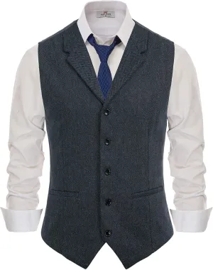 PJ PAUL JONES Mens Western Herringbone Suit Vest Tweed Wool Blend Slim Fit Waistcoat
