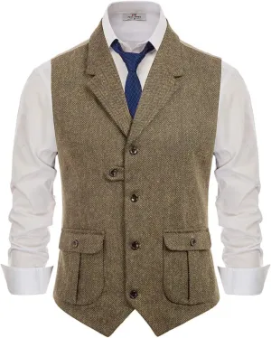 PJ PAUL JONES Mens Western Herringbone Suit Vest Tweed Wool Blend Slim Fit Waistcoat