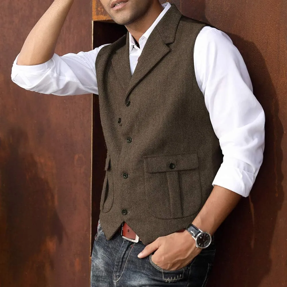 PJ PAUL JONES Mens Western Herringbone Suit Vest Tweed Wool Blend Slim Fit Waistcoat