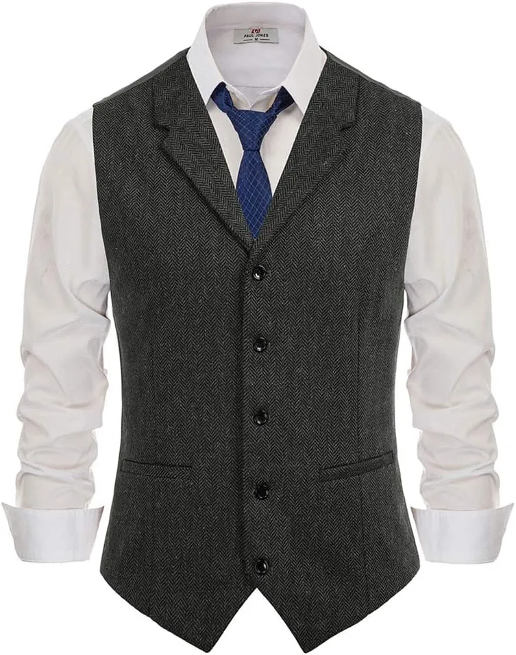 PJ PAUL JONES Mens Western Herringbone Suit Vest Tweed Wool Blend Slim Fit Waistcoat