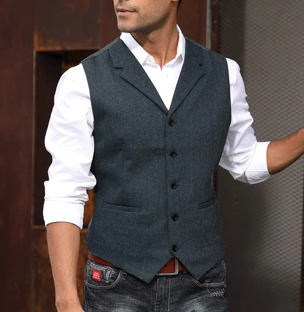 PJ PAUL JONES Mens Western Herringbone Suit Vest Tweed Wool Blend Slim Fit Waistcoat