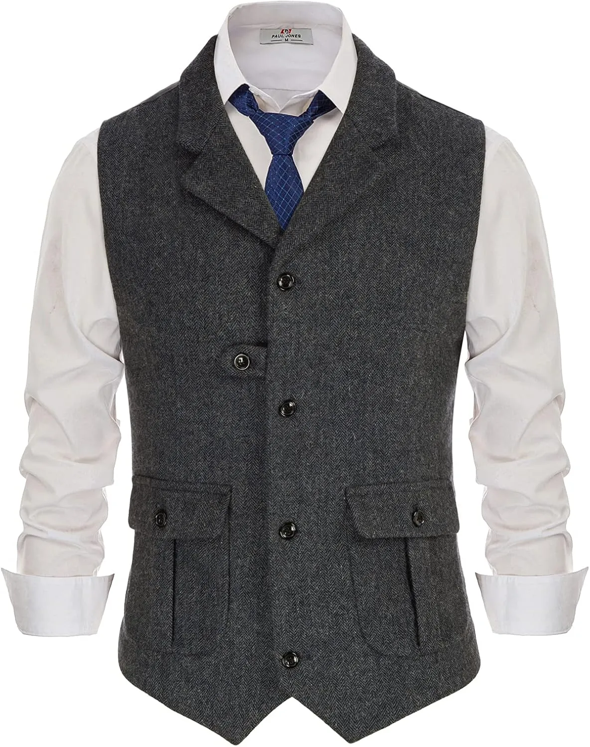 PJ PAUL JONES Mens Western Herringbone Suit Vest Tweed Wool Blend Slim Fit Waistcoat